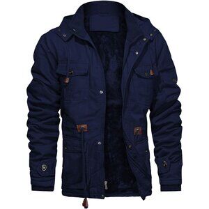 Mens Navy Thick Winter Jacket Hooded Fleece Lined Cotton Military Coat